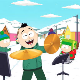 A lively cartoon scene inspired by the style of South Park, featuring a character enthusiastically playing cymbals