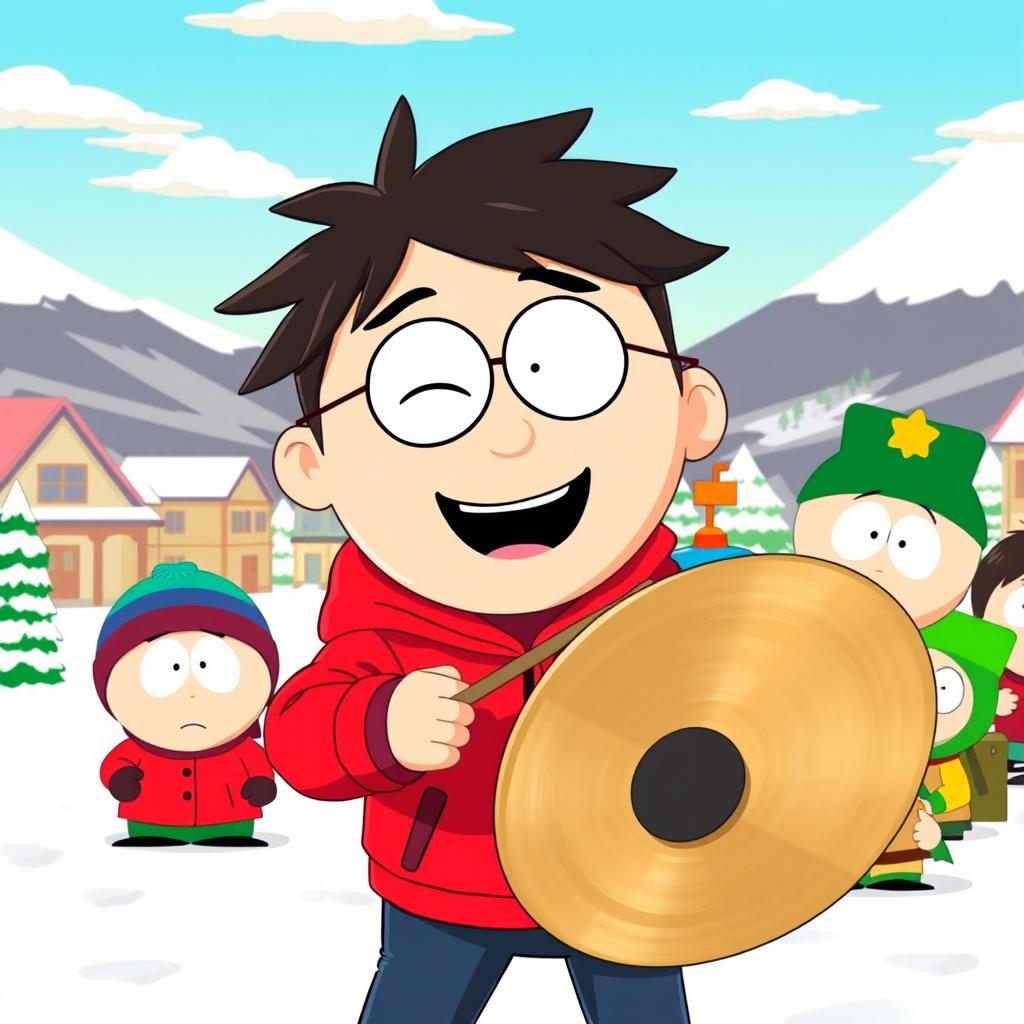 A lively cartoon scene inspired by the style of South Park, featuring a character enthusiastically playing cymbals