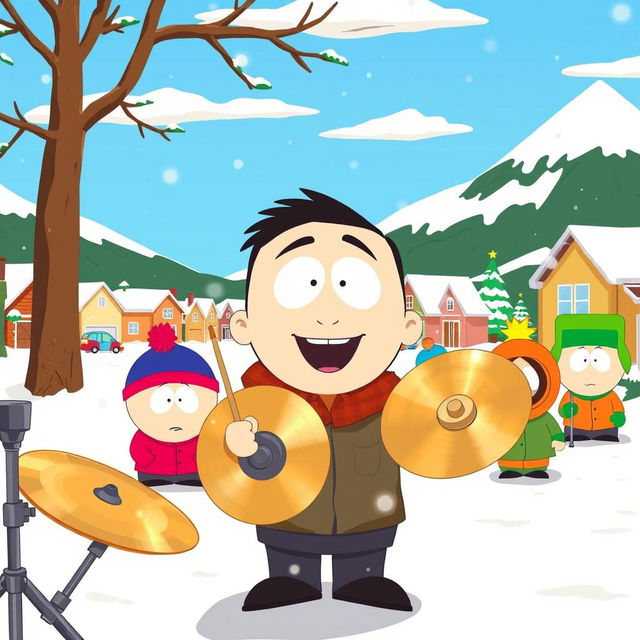 A lively cartoon scene inspired by the style of South Park, featuring a character enthusiastically playing cymbals