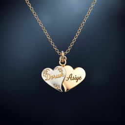 A delicate heart-shaped necklace with the inscription 'Doruk' on one side and 'Asiye' on the other