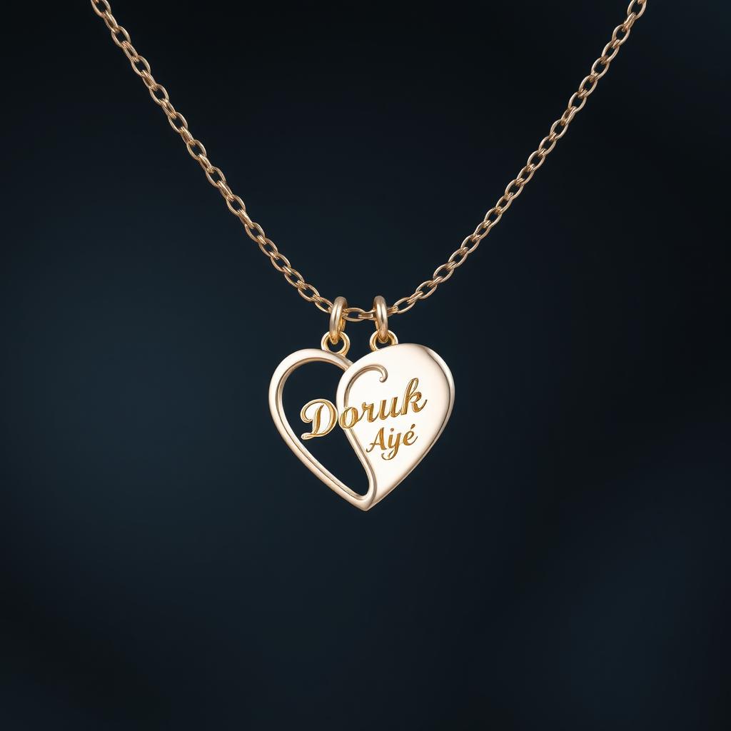 A delicate heart-shaped necklace with the inscription 'Doruk' on one side and 'Asiye' on the other