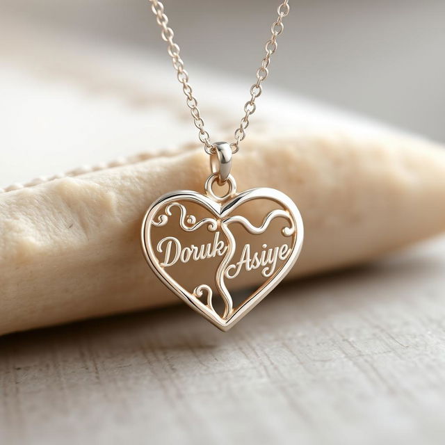 A delicate heart-shaped necklace with the inscription 'Doruk' on one side and 'Asiye' on the other