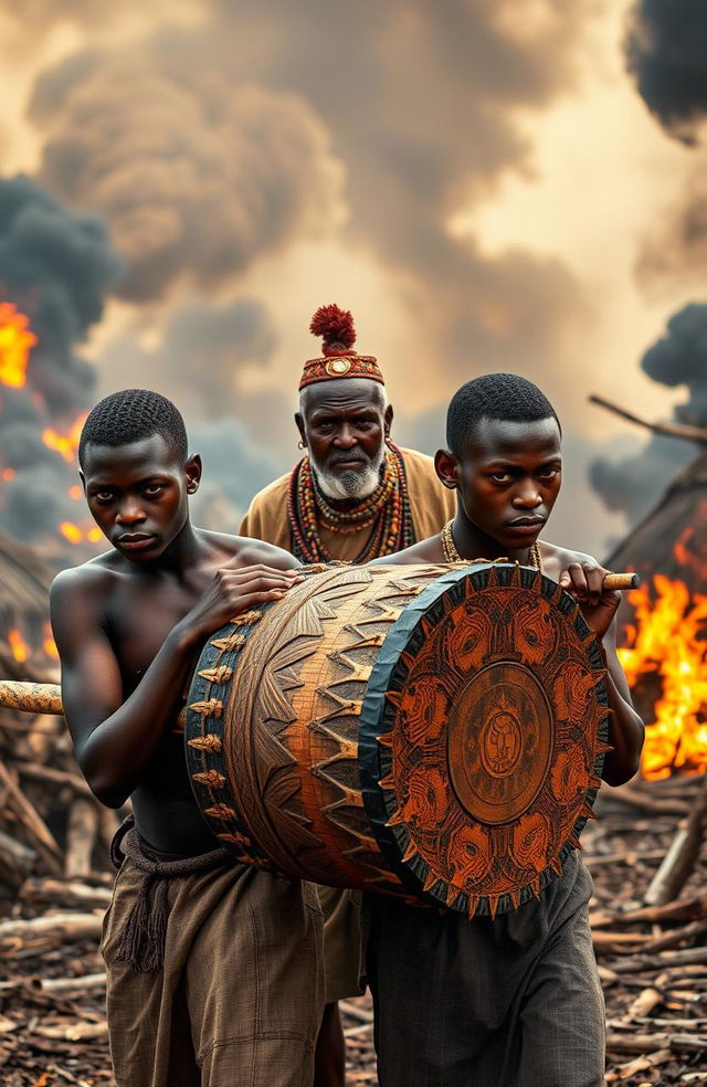 Two young African men with deep brown skin and athletic builds, straining to carry a large, intricately carved wooden gong