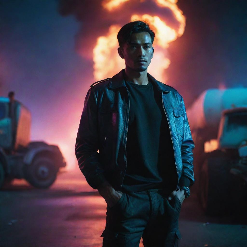 A handsome Indonesian man in a neon-lit cyberpunk city standing near an exploding gas tanker truck