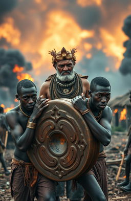 Two young African men with deep brown skin and athletic builds, straining to carry a large, intricately carved wooden gong
