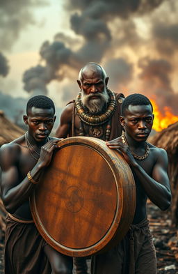 Two young African men with deep brown skin and athletic builds, straining to carry a large, intricately carved wooden gong