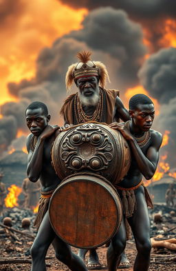 Two young African men with deep brown skin and athletic builds, straining to carry a large, intricately carved wooden gong