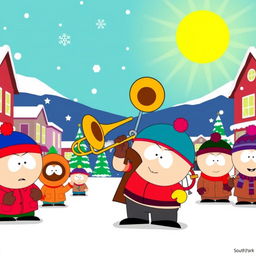 A lively cartoon scene inspired by the style of South Park, showcasing a character enthusiastically playing a trombone