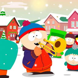 A lively cartoon scene inspired by the style of South Park, showcasing a character enthusiastically playing a trombone