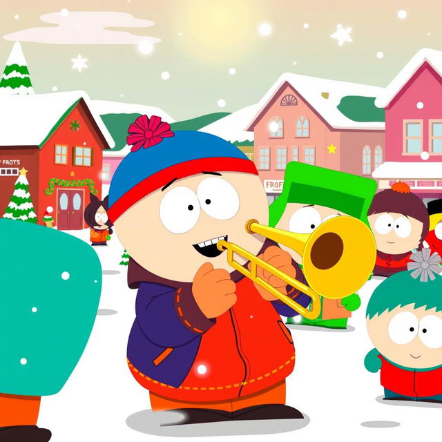 A lively cartoon scene inspired by the style of South Park, showcasing a character enthusiastically playing a trombone