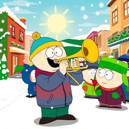 A lively cartoon scene inspired by the style of South Park, showcasing a character enthusiastically playing a trombone