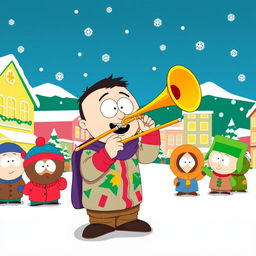 A lively cartoon scene inspired by the style of South Park, showcasing a character enthusiastically playing a trombone