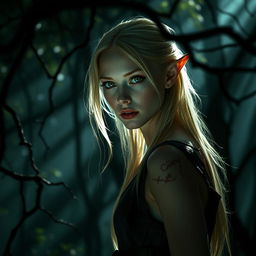 In a dark, enchanted forest, shadows intertwine with soft rays of light filtering through the dense canopy, creating an otherworldly atmosphere