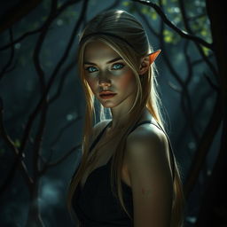 In a dark, enchanted forest, shadows intertwine with soft rays of light filtering through the dense canopy, creating an otherworldly atmosphere