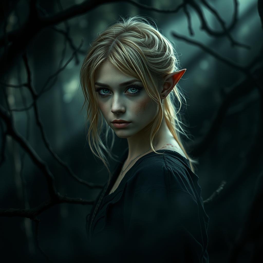 In a dark, enchanting forest filled with deep shadows and soft beams of muted light, a slender and sleek fae woman is barely seen in the background