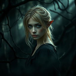 In a dark, enchanting forest filled with deep shadows and soft beams of muted light, a slender and sleek fae woman is barely seen in the background