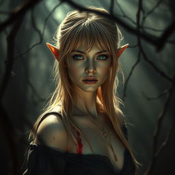 In a dark, enchanting forest filled with deep shadows and soft beams of muted light, a slender and sleek fae woman is barely seen in the background