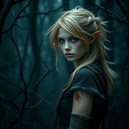 In a dark, enchanting forest filled with deep shadows and soft beams of muted light, a slender and sleek fae woman is barely seen in the background