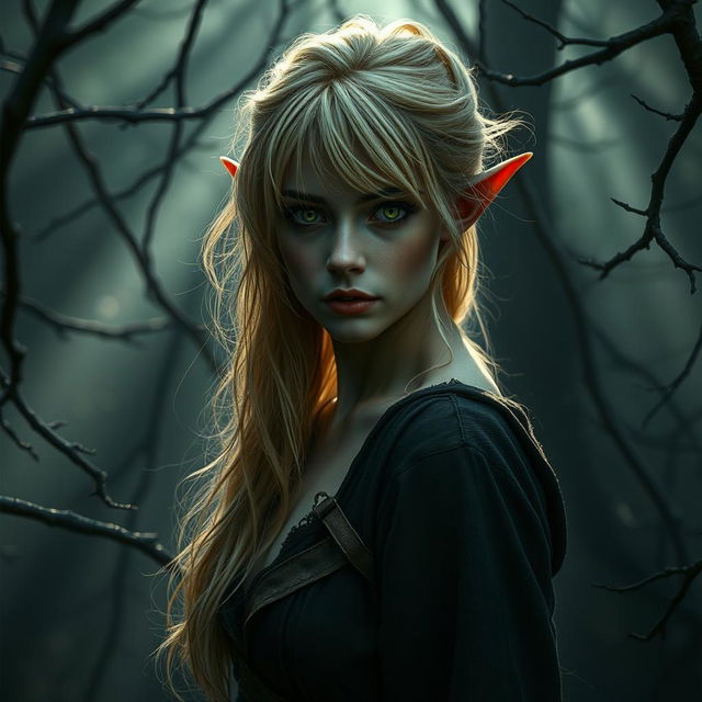 In a dark, enchanting forest filled with deep shadows and soft beams of muted light, a slender and sleek fae woman is barely seen in the background