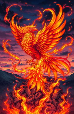 A vivid and stunning illustration of a phoenix rising dramatically from a bed of ashes, showcasing intricate details in the feathers of the bird