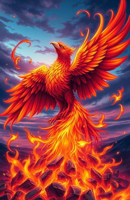 A vivid and stunning illustration of a phoenix rising dramatically from a bed of ashes, showcasing intricate details in the feathers of the bird