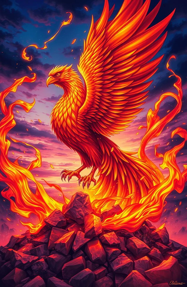 A vivid and stunning illustration of a phoenix rising dramatically from a bed of ashes, showcasing intricate details in the feathers of the bird