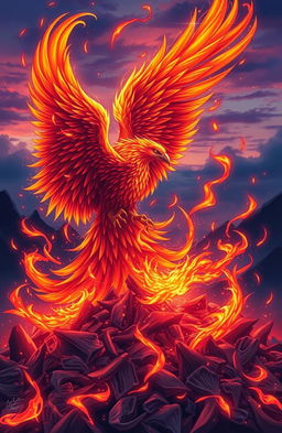 A vivid and stunning illustration of a phoenix rising dramatically from a bed of ashes, showcasing intricate details in the feathers of the bird