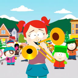 A vibrant cartoon scene inspired by the South Park style, featuring Heidi Turner enthusiastically playing a trombone