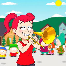 A vibrant cartoon scene inspired by the South Park style, featuring Heidi Turner enthusiastically playing a trombone