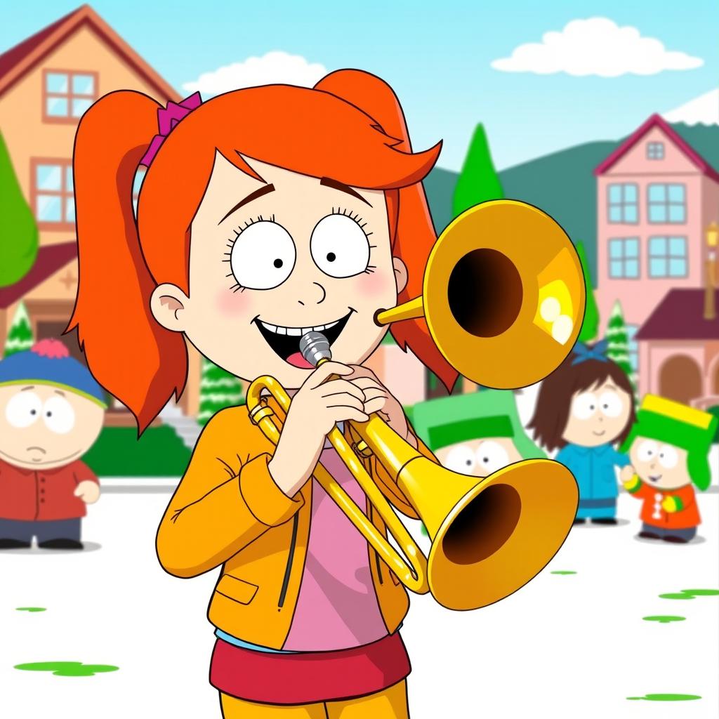 A vibrant cartoon scene inspired by the South Park style, featuring Heidi Turner enthusiastically playing a trombone