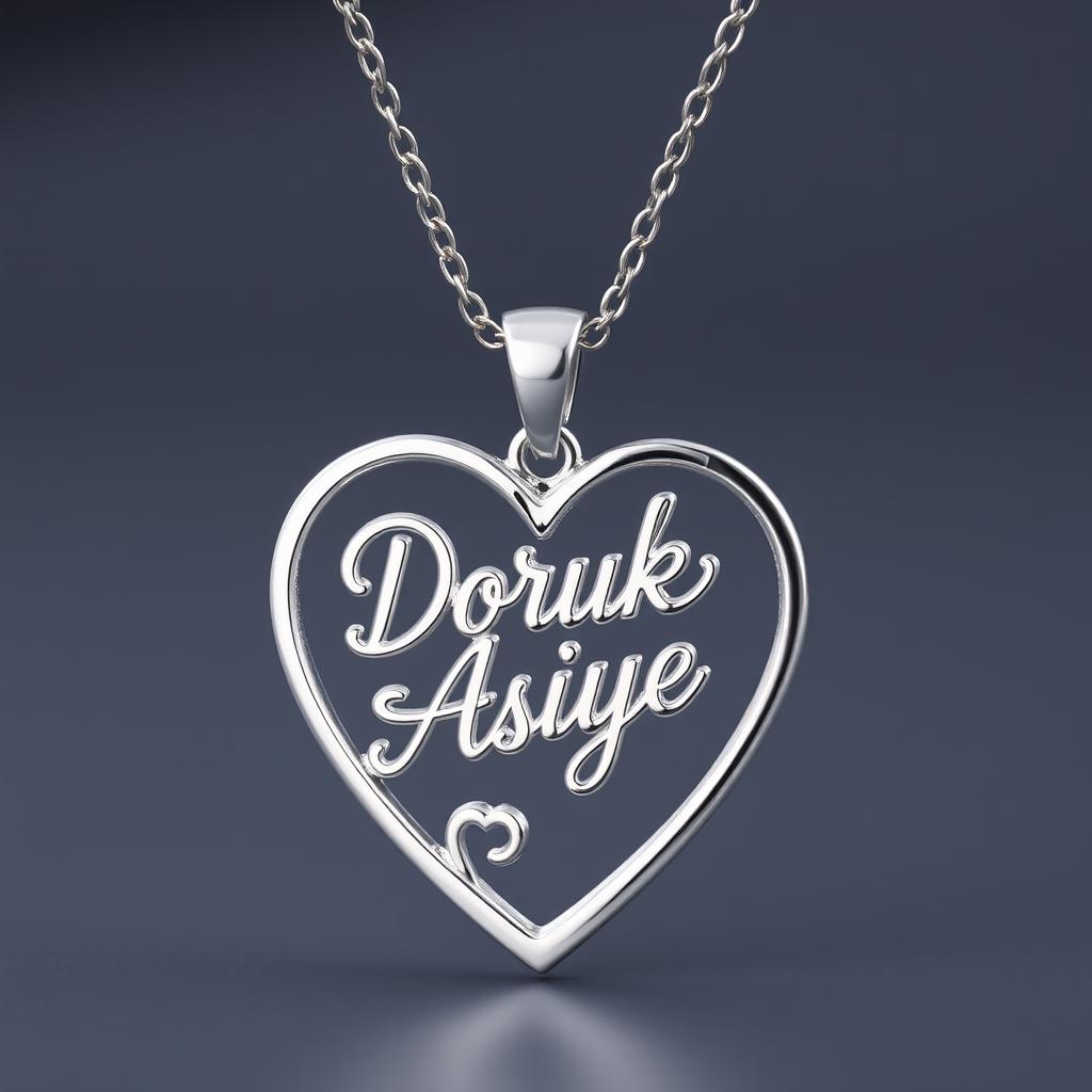 A beautiful heart-shaped necklace featuring the names 'Doruk' and 'Asiye' elegantly inscribed