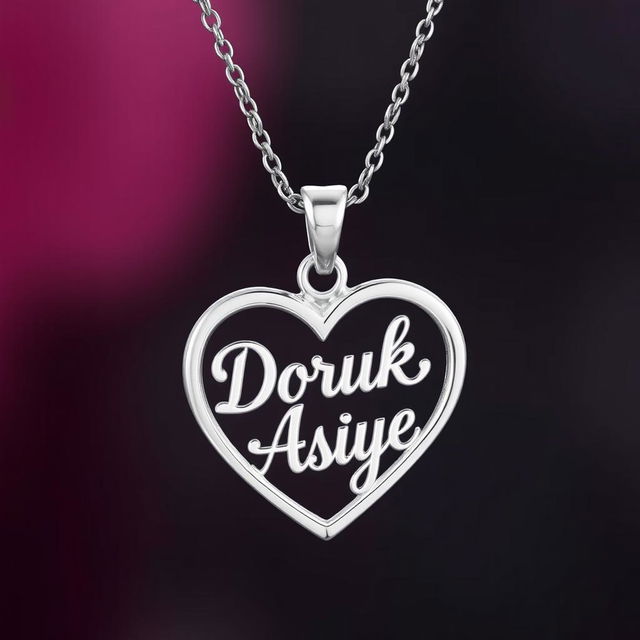 A beautiful heart-shaped necklace featuring the names 'Doruk' and 'Asiye' elegantly inscribed