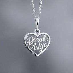 A beautiful heart-shaped necklace featuring the names 'Doruk' and 'Asiye' elegantly inscribed