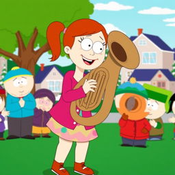 A cheerful cartoon scene inspired by the South Park style, featuring Heidi Turner joyfully playing a tuba