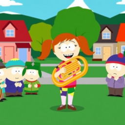 A cheerful cartoon scene inspired by the South Park style, featuring Heidi Turner joyfully playing a tuba