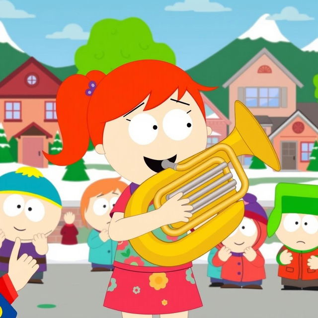 A cheerful cartoon scene inspired by the South Park style, featuring Heidi Turner joyfully playing a tuba