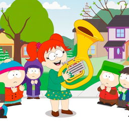 A cheerful cartoon scene inspired by the South Park style, featuring Heidi Turner joyfully playing a tuba