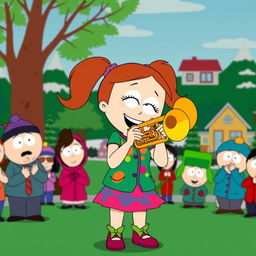 A vibrant cartoon scene inspired by the South Park style, featuring Heidi Turner joyfully playing a trumpet