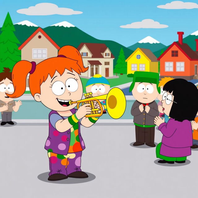 A vibrant cartoon scene inspired by the South Park style, featuring Heidi Turner joyfully playing a trumpet