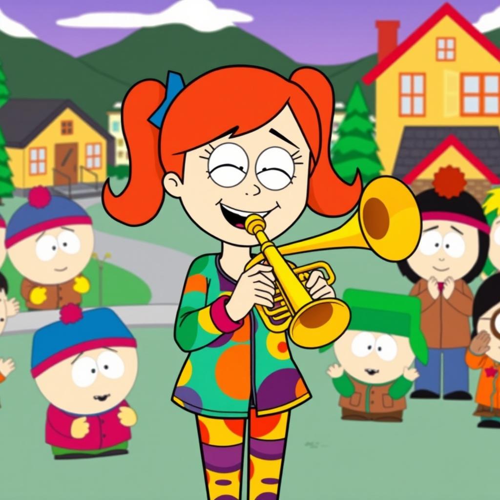 A vibrant cartoon scene inspired by the South Park style, featuring Heidi Turner joyfully playing a trumpet