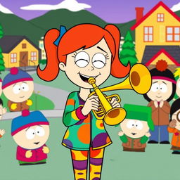 A vibrant cartoon scene inspired by the South Park style, featuring Heidi Turner joyfully playing a trumpet