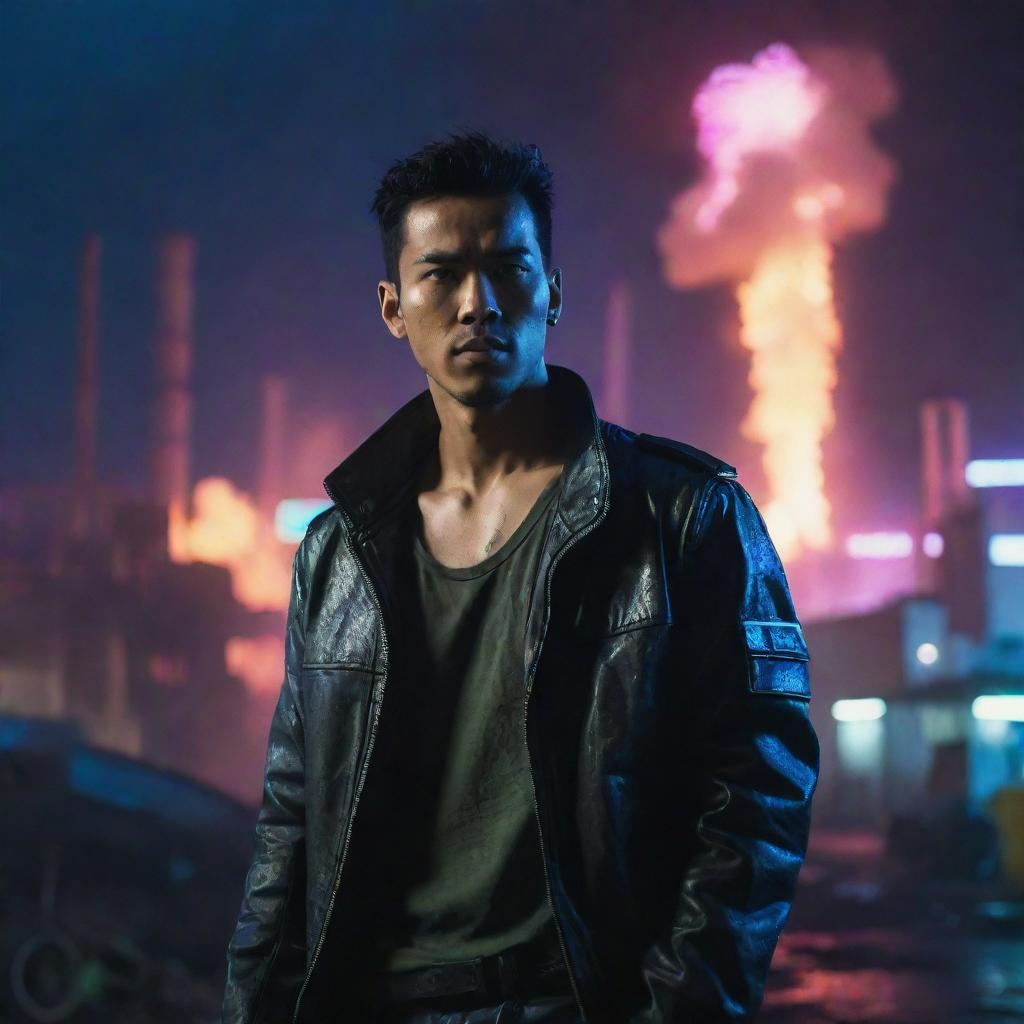 A handsome Indonesian man in a neon-lit cyberpunk city standing near an exploding oil factory