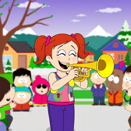 A vibrant cartoon scene inspired by the South Park style, featuring Heidi Turner joyfully playing a trumpet