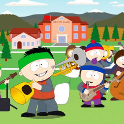 A lively cartoon scene inspired by the South Park style, depicting a vibrant band performance with characters from the show playing various instruments, prominently featuring a character playing a trumpet