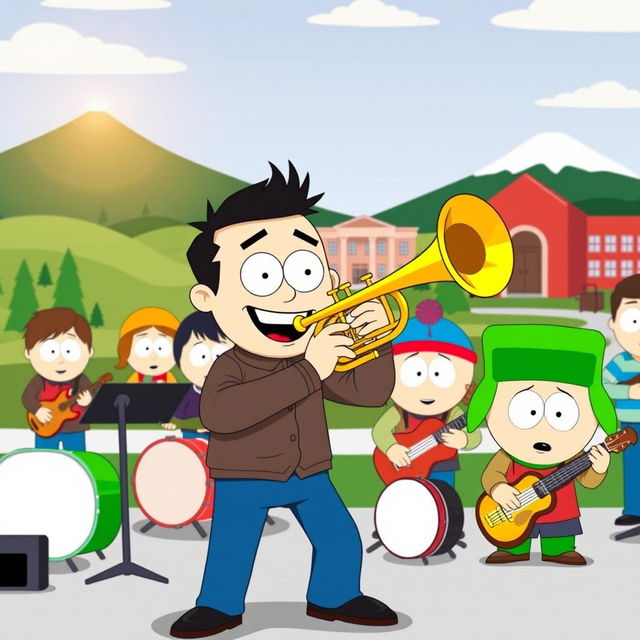 A lively cartoon scene inspired by the South Park style, depicting a vibrant band performance with characters from the show playing various instruments, prominently featuring a character playing a trumpet