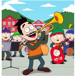 A lively cartoon scene inspired by the South Park style, depicting a vibrant band performance with characters from the show playing various instruments, prominently featuring a character playing a trumpet