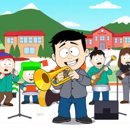 A lively cartoon scene inspired by the South Park style, depicting a vibrant band performance with characters from the show playing various instruments, prominently featuring a character playing a trumpet