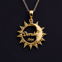 A beautifully designed necklace featuring a sun and moon motif, with the name 'Doruk' artistically engraved on the sun and 'Asiye' inscribed on the moon