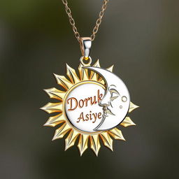 A beautifully designed necklace featuring a sun and moon motif, with the name 'Doruk' artistically engraved on the sun and 'Asiye' inscribed on the moon