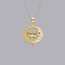A beautifully designed necklace featuring a sun and moon motif, with the name 'Doruk' artistically engraved on the sun and 'Asiye' inscribed on the moon